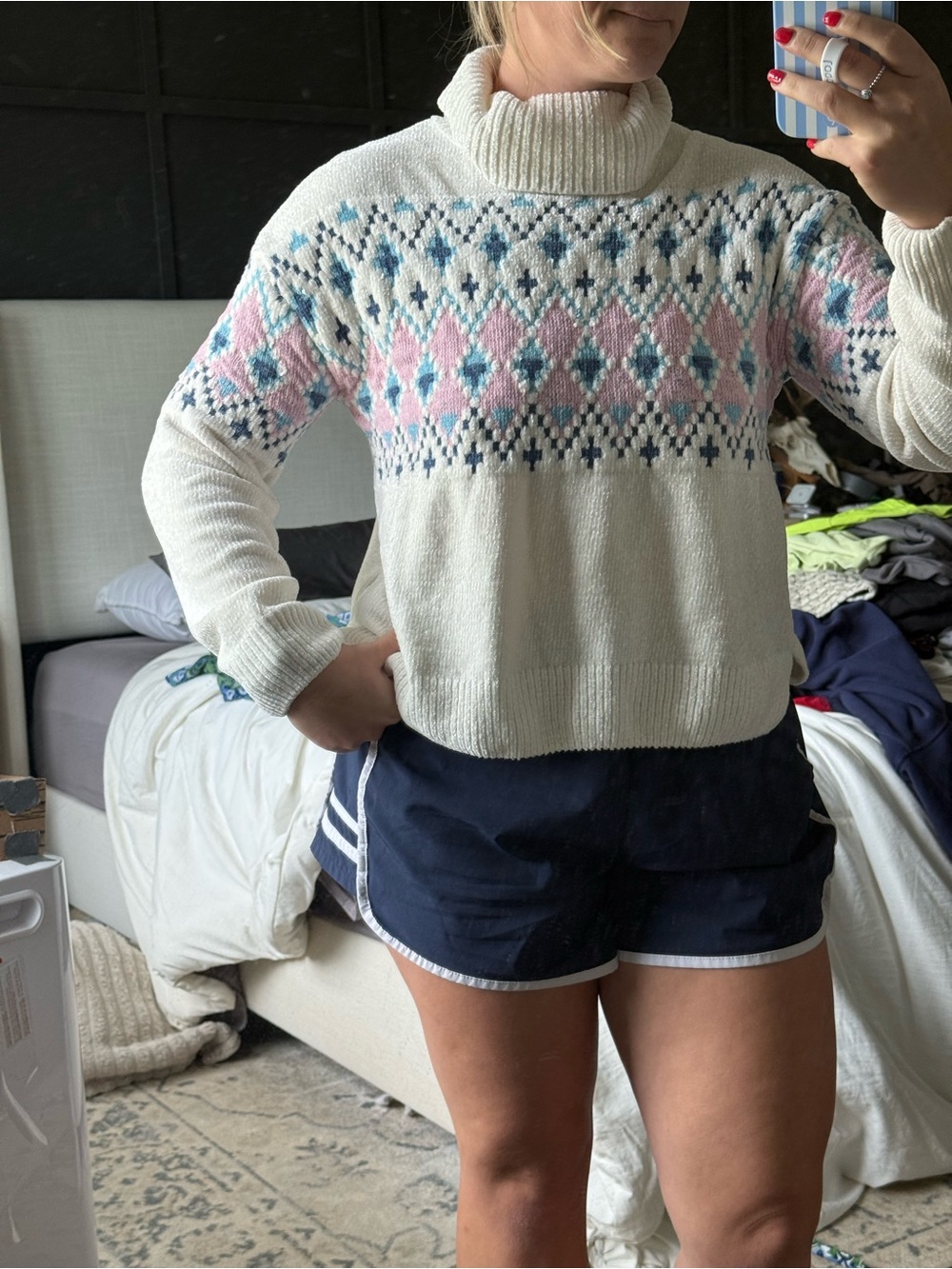 dip Cream Turtleneck Sweater with Pink and Light Blue Fair Isle